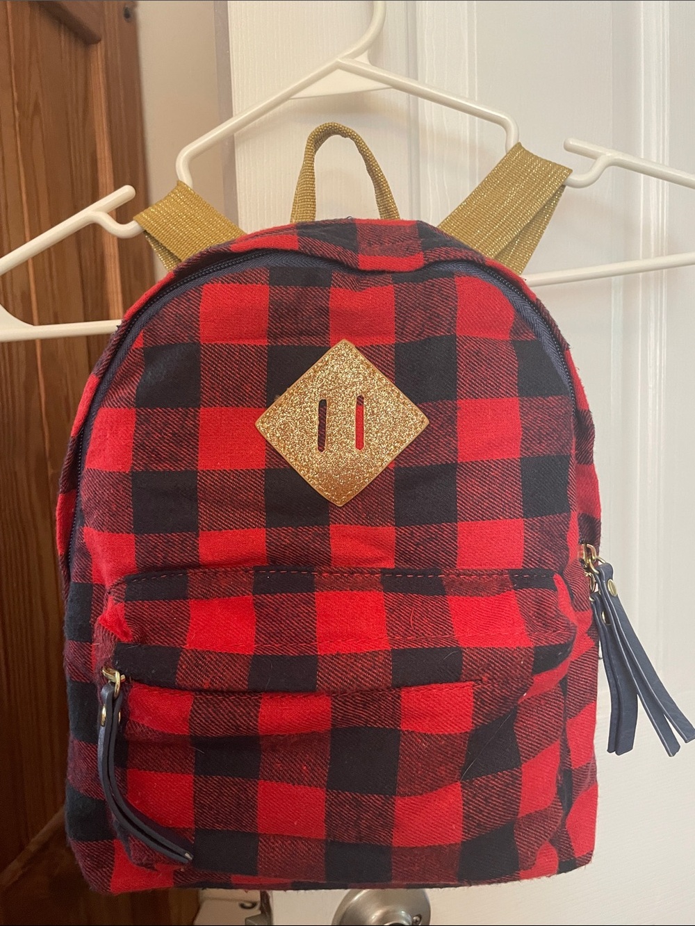 Kids Red and Black Buffalo Plaid Mini Backpack with Gold Accent
